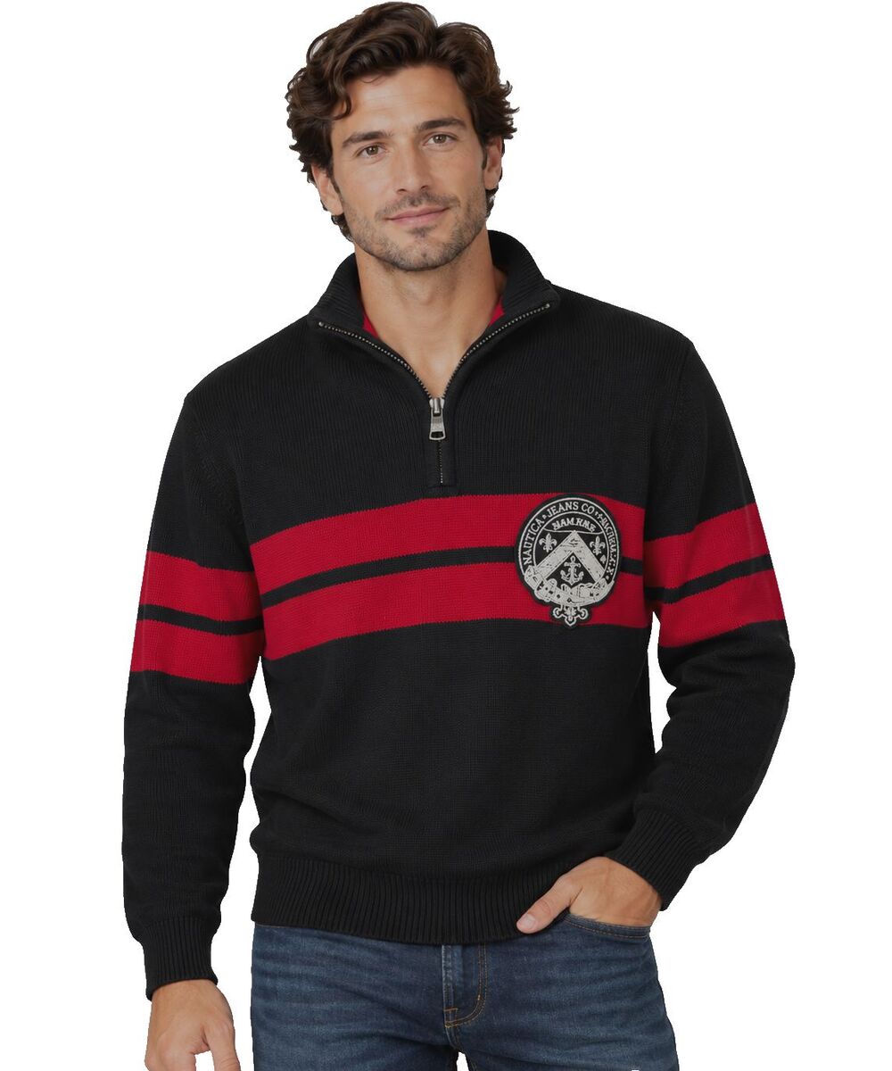 NWT Nautica Jeans Co Men's XL 100% Cotton Quarter zip Sweater Black Red Y2K